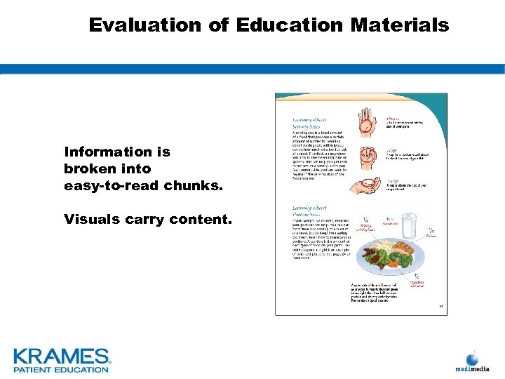 Evaluation of Education Materials Information is broken into easy-to-read chunks. Visuals carry content. 