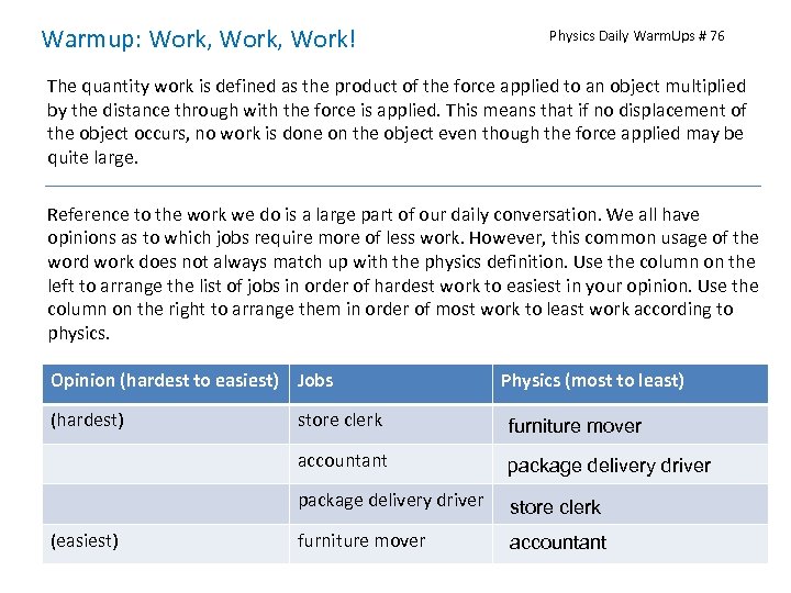 Warmup: Work, Work! Physics Daily Warm. Ups # 76 The quantity work is defined