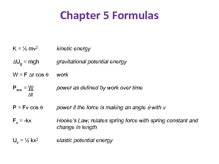 Chapter 5 Formulas K = ½ mv 2 kinetic energy Ug = mgh gravitational