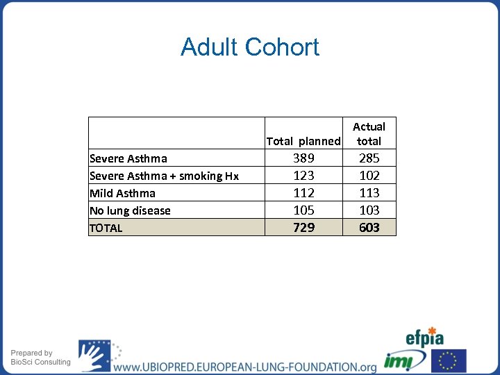 Adult Cohort Severe Asthma + smoking Hx Mild Asthma No lung disease TOTAL Actual