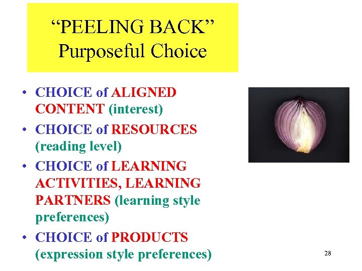 “PEELING BACK” Purposeful Choice • CHOICE of ALIGNED CONTENT (interest) • CHOICE of RESOURCES