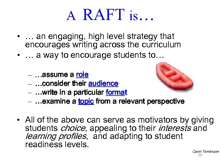 A RAFT is… • … an engaging, high level strategy that encourages writing across