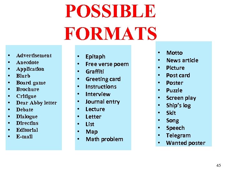 POSSIBLE FORMATS • • • • Advertisement Anecdote Application Blurb Board game Brochure Critigue