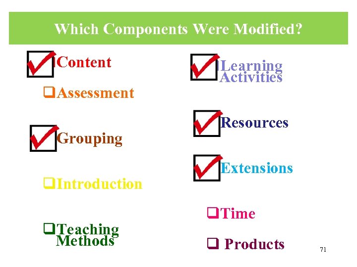 Which Components Were Modified? q. Content q. Assessment q. Grouping q. Introduction q. Teaching