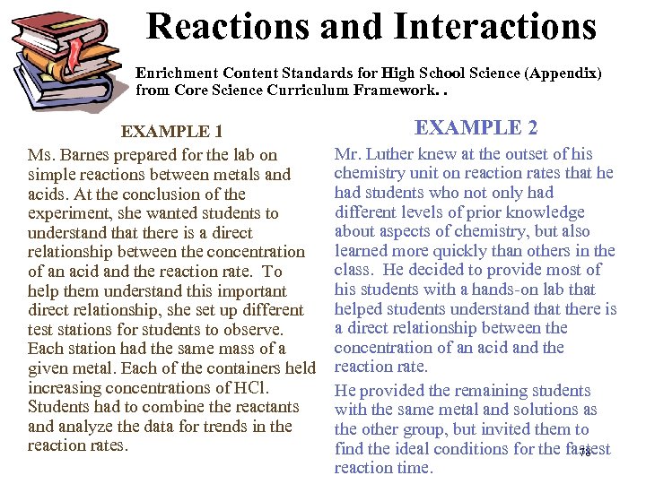 Reactions and Interactions Enrichment Content Standards for High School Science (Appendix) from Core Science
