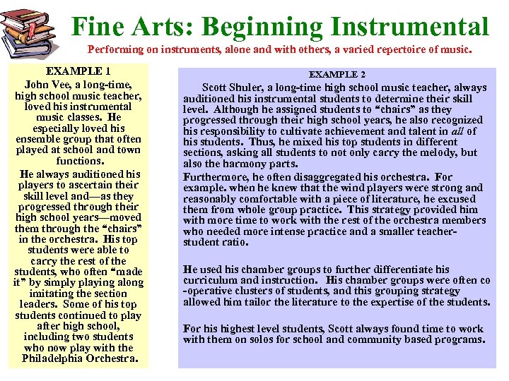 Fine Arts: Beginning Instrumental Performing on instruments, alone and with others, a varied repertoire