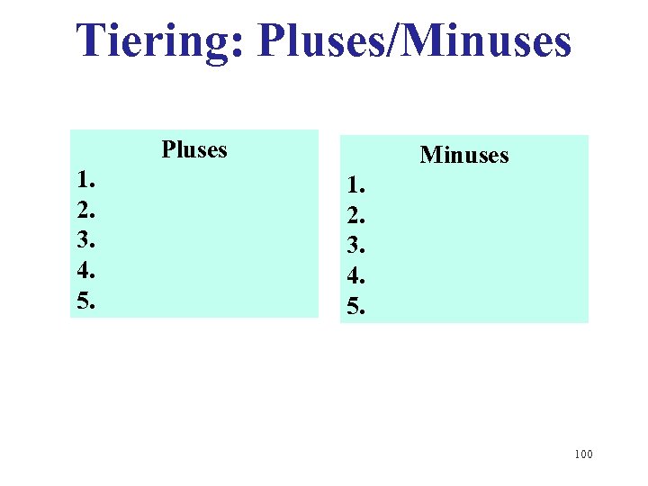 Tiering: Pluses/Minuses Pluses 1. 2. 3. 4. 5. Minuses 1. 2. 3. 4. 5.