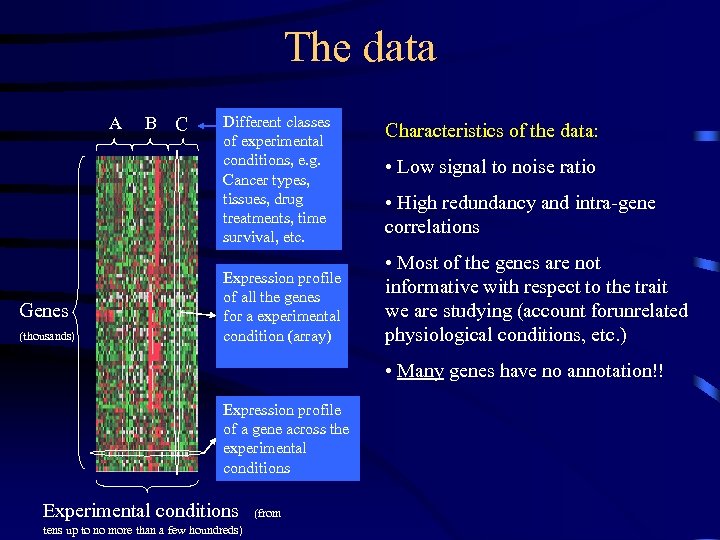 The data A Genes (thousands) B C Different classes of experimental conditions, e. g.