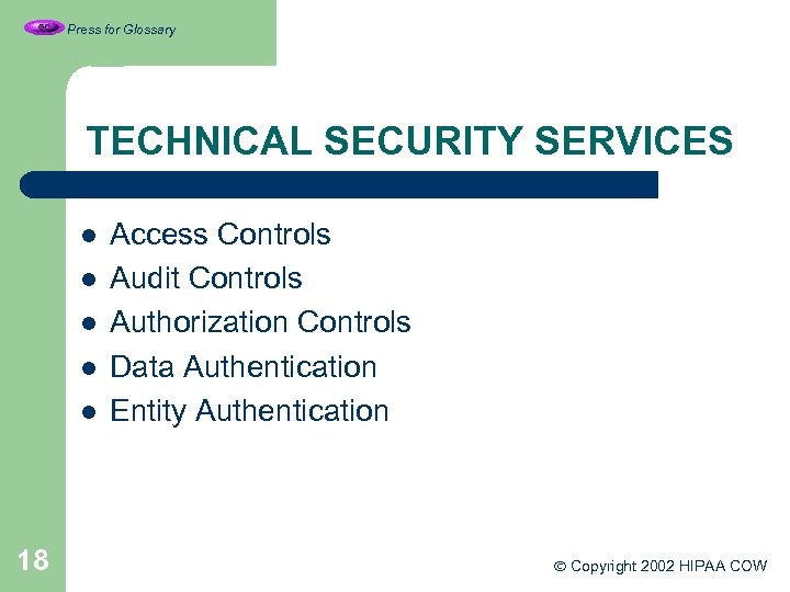 Press for Glossary TECHNICAL SECURITY SERVICES l l l 18 Access Controls Audit Controls