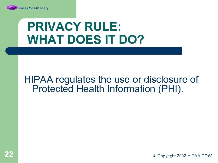 Press for Glossary PRIVACY RULE: WHAT DOES IT DO? HIPAA regulates the use or