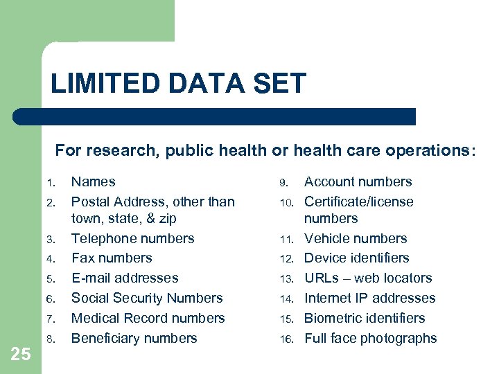 LIMITED DATA SET For research, public health or health care operations: 1. 2. 3.