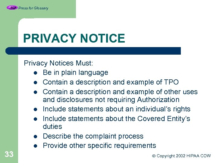 Press for Glossary PRIVACY NOTICE Privacy Notices Must: l Be in plain language l