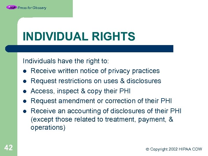 Press for Glossary INDIVIDUAL RIGHTS Individuals have the right to: l Receive written notice