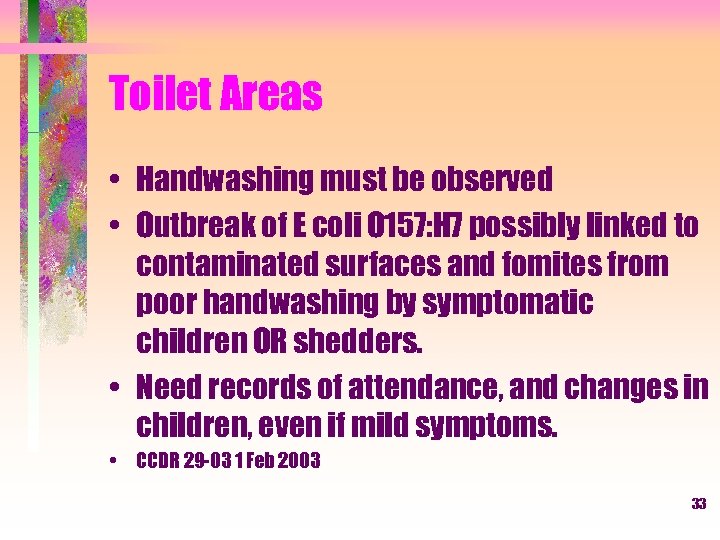 Toilet Areas • Handwashing must be observed • Outbreak of E coli O 157: