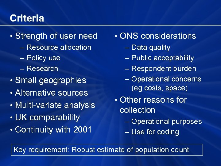 Criteria • Strength of user need – Resource allocation – Policy use – Research