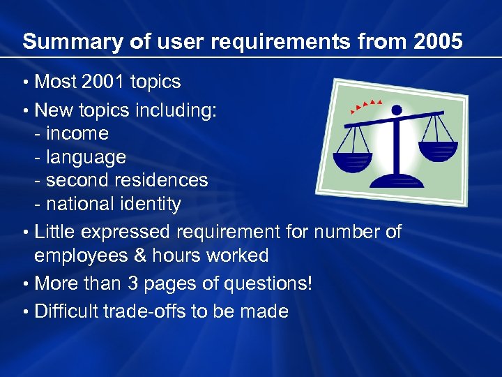 Summary of user requirements from 2005 • Most 2001 topics • New topics including: