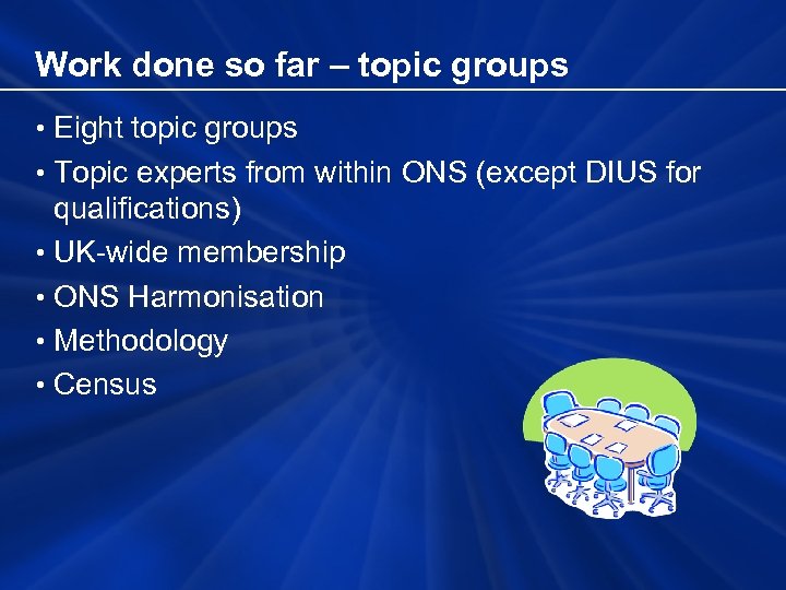 Work done so far – topic groups • Eight topic groups • Topic experts