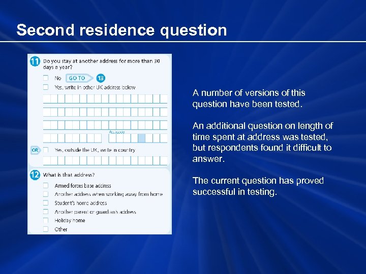 Second residence question A number of versions of this question have been tested. An