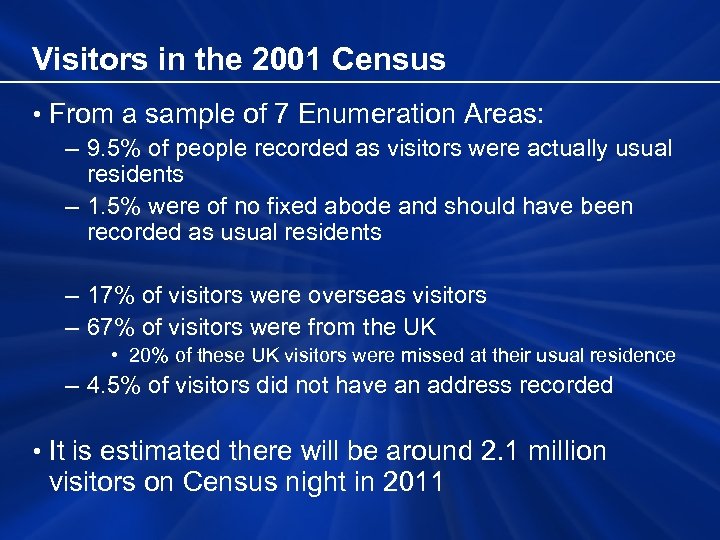 Visitors in the 2001 Census • From a sample of 7 Enumeration Areas: –