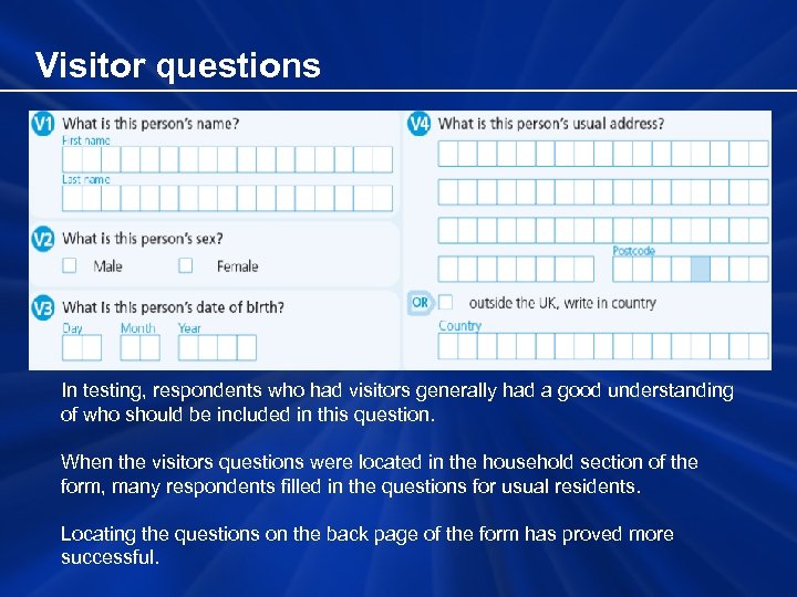 Visitor questions In testing, respondents who had visitors generally had a good understanding of