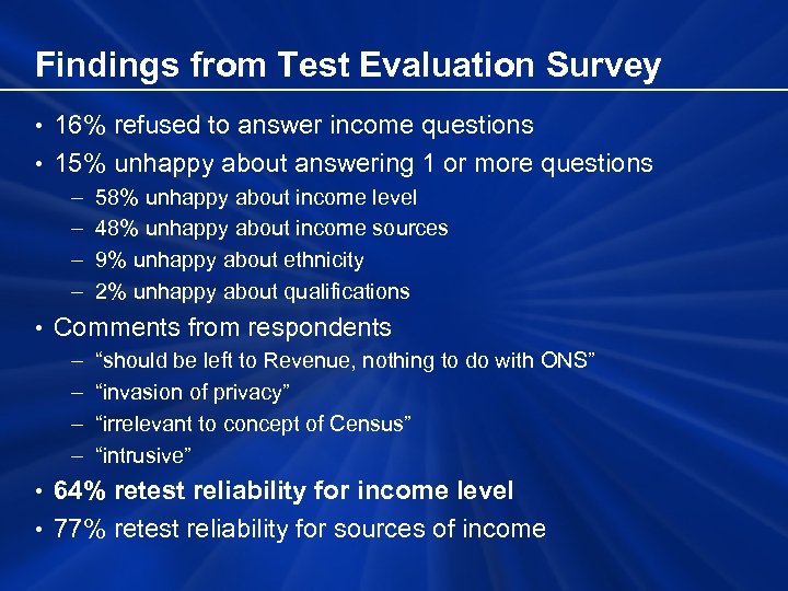 Findings from Test Evaluation Survey • 16% refused to answer income questions • 15%