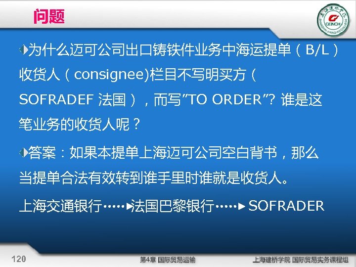 问题 为什么迈可公司出口铸铁件业务中海运提单（B/L） 收货人（consignee)栏目不写明买方（ SOFRADEF 法国），而写”TO ORDER”? 谁是这 笔业务的收货人呢？ 答案：如果本提单上海迈可公司空白背书，那么 当提单合法有效转到谁手里时谁就是收货人。 上海交通银行 法国巴黎银行 SOFRADER 120