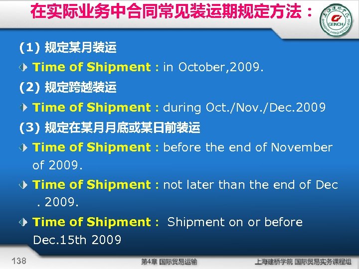 在实际业务中合同常见装运期规定方法： (1) 规定某月装运 Time of Shipment：in October, 2009. (2) 规定跨越装运 Time of Shipment：during Oct.