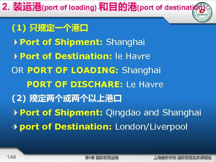 2. 装运港(port of loading) 和目的港(port of destination) (1) 只规定一个港口 Port of Shipment: Shanghai Port