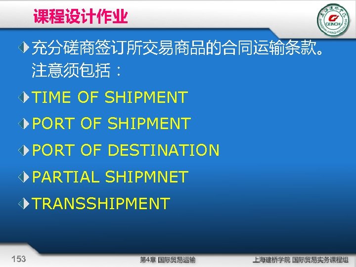 课程设计作业 充分磋商签订所交易商品的合同运输条款。 注意须包括： TIME OF SHIPMENT PORT OF DESTINATION PARTIAL SHIPMNET TRANSSHIPMENT 153 