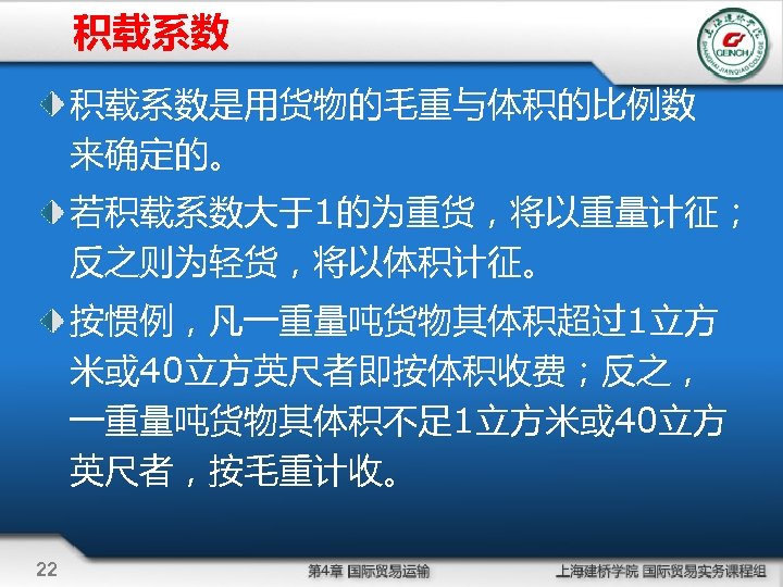 积载系数是用货物的毛重与体积的比例数 来确定的。 若积载系数大于1的为重货，将以重量计征； 反之则为轻货，将以体积计征。 按惯例，凡一重量吨货物其体积超过1立方 米或 40立方英尺者即按体积收费；反之， 一重量吨货物其体积不足 1立方米或 40立方 英尺者，按毛重计收。 22 