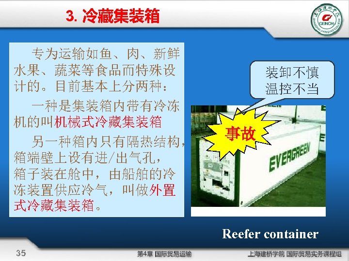 3. 冷藏集装箱 专为运输如鱼、肉、新鲜 水果、蔬菜等食品而特殊设 计的。目前基本上分两种： 一种是集装箱内带有冷冻 机的叫机械式冷藏集装箱 另一种箱内只有隔热结构， 箱端壁上设有进/出气孔， 箱子装在舱中，由船舶的冷 冻装置供应冷气，叫做外置 式冷藏集装箱。 装卸不慎 温控不当