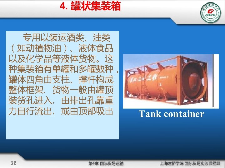 4. 罐状集装箱 专用以装运酒类、油类 （如动植物油）、液体食品 以及化学品等液体货物。这 种集装箱有单罐和多罐数种， 罐体四角由支柱、撑杆构成 整体框架. 货物一般由罐顶 装货孔进入, 由排出孔靠重 力自行流出, 或由顶部吸出 36