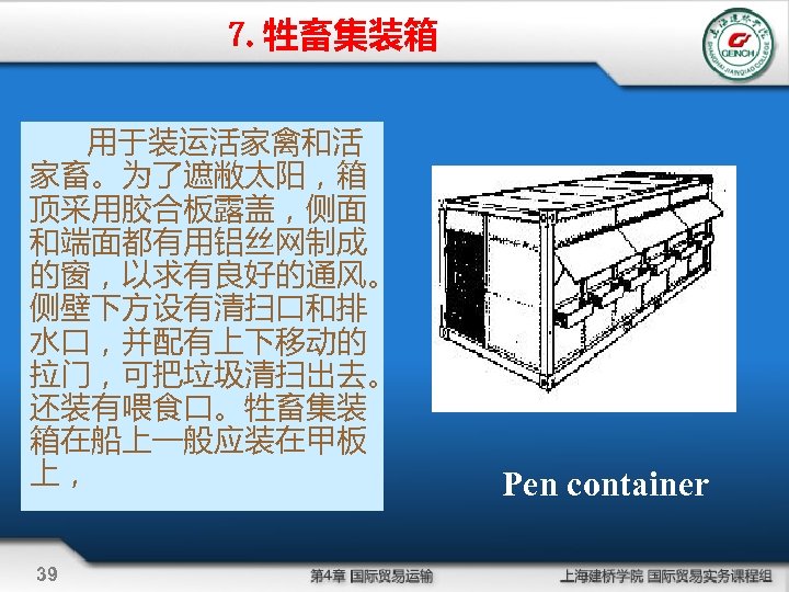 7. 牲畜集装箱 用于装运活家禽和活 家畜。为了遮敝太阳，箱 顶采用胶合板露盖，侧面 和端面都有用铝丝网制成 的窗，以求有良好的通风。 侧壁下方设有清扫口和排 水口，并配有上下移动的 拉门，可把垃圾清扫出去。 还装有喂食口。牲畜集装 箱在船上一般应装在甲板 上， 39