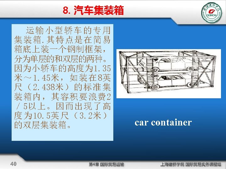8. 汽车集装箱 运输小型轿车的专用 集装箱. 其特点是在简易 箱底上装一个钢制框架， 分为单层的和双层的两种。 因为小轿车的高度为 1. 35 米～ 1. 45米，如装在 8英