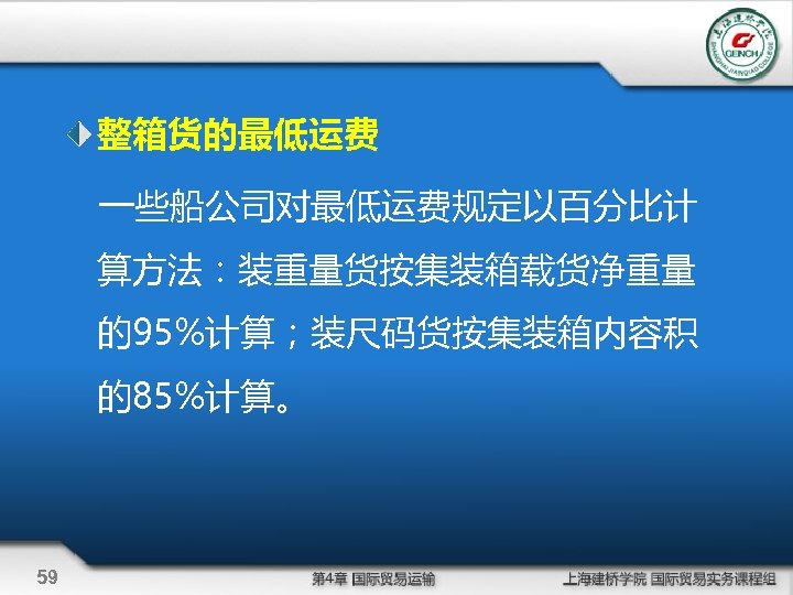 整箱货的最低运费 一些船公司对最低运费规定以百分比计 算方法：装重量货按集装箱载货净重量 的95%计算；装尺码货按集装箱内容积 的85%计算。 59 