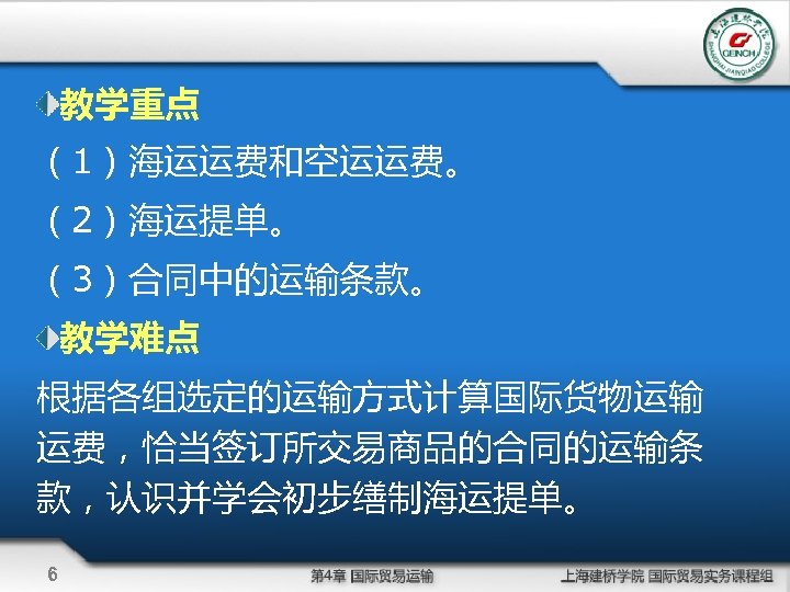 教学重点 （1）海运运费和空运运费。 （2）海运提单。 （3）合同中的运输条款。 教学难点 根据各组选定的运输方式计算国际货物运输 运费，恰当签订所交易商品的合同的运输条 款，认识并学会初步缮制海运提单。 6 