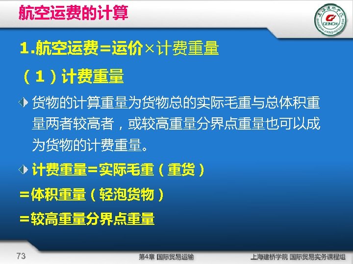 航空运费的计算 1. 航空运费=运价×计费重量 （1）计费重量 货物的计算重量为货物总的实际毛重与总体积重 量两者较高者，或较高重量分界点重量也可以成 为货物的计费重量。 计费重量=实际毛重（重货） =体积重量（轻泡货物） =较高重量分界点重量 73 