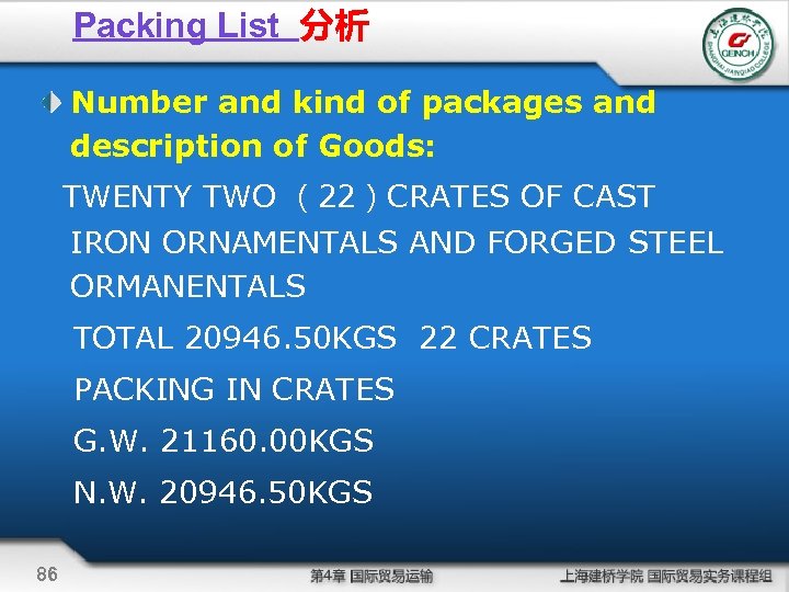 Packing List 分析 Number and kind of packages and description of Goods: TWENTY TWO
