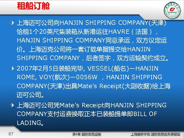 租船订舱 上海迈可公司向HANJIN SHIPPING COMPANY(天津) 恰租 1个 20英尺集装箱从新港运往HAVRE（法国）， HANJIN SHIPPING COMPANY同意承运，双方议定运 价。上海迈克公司将一套订载单据提交给HANJIN SHIPPING COMPANY，后者签字，双方运输契约成立。 2007年
