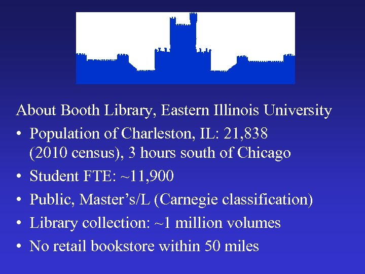 About Booth Library, Eastern Illinois University • Population of Charleston, IL: 21, 838 (2010