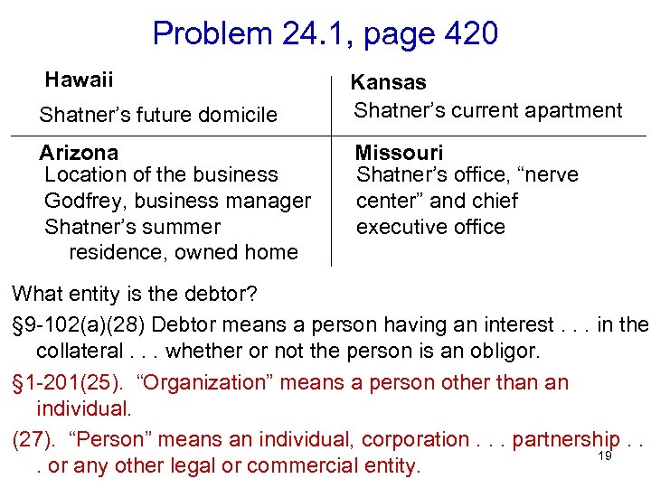 Problem 24. 1, page 420 Hawaii Shatner’s future domicile Arizona Location of the business