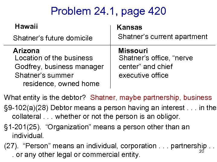 Problem 24. 1, page 420 Hawaii Shatner’s future domicile Arizona Location of the business