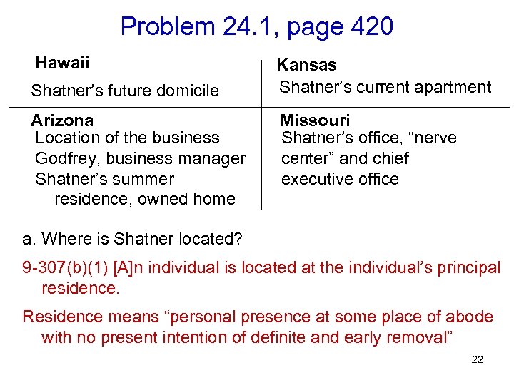 Problem 24. 1, page 420 Hawaii Shatner’s future domicile Arizona Location of the business