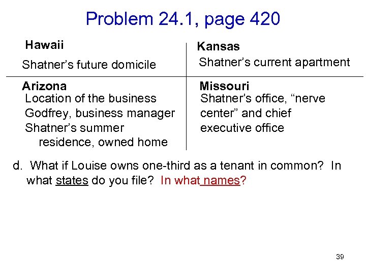 Problem 24. 1, page 420 Hawaii Shatner’s future domicile Arizona Location of the business