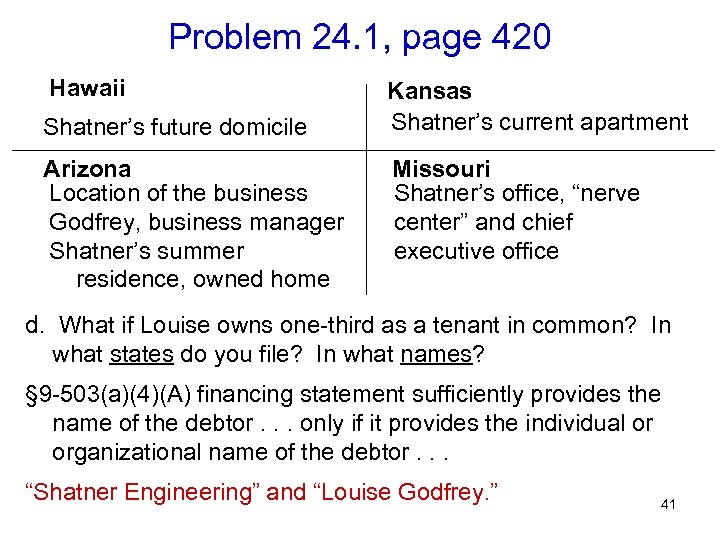 Problem 24. 1, page 420 Hawaii Shatner’s future domicile Arizona Location of the business