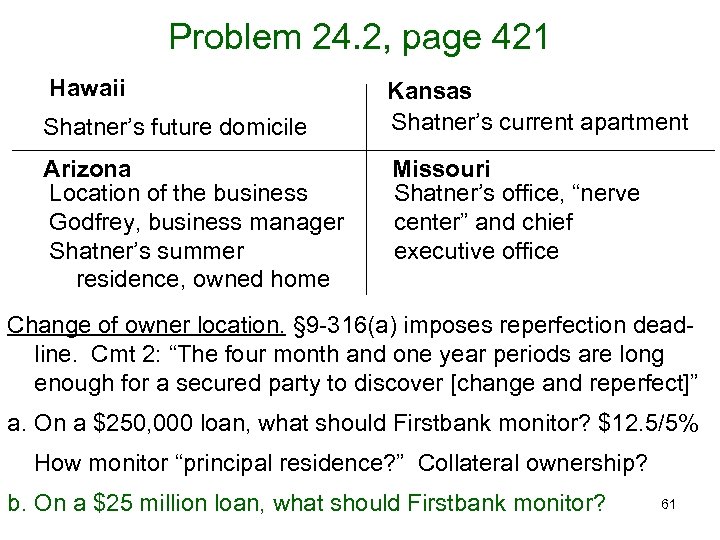 Problem 24. 2, page 421 Hawaii Shatner’s future domicile Arizona Location of the business