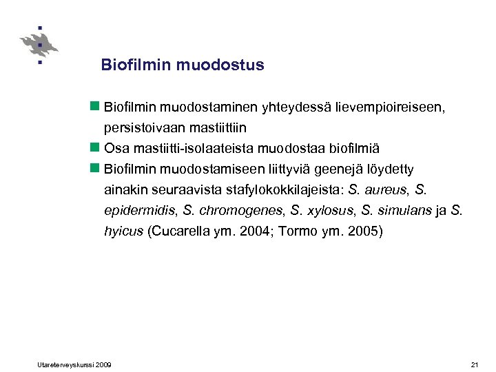 Biofilmin muodostus n Biofilmin muodostaminen yhteydessä lievempioireiseen, persistoivaan mastiittiin n Osa mastiitti-isolaateista muodostaa biofilmiä