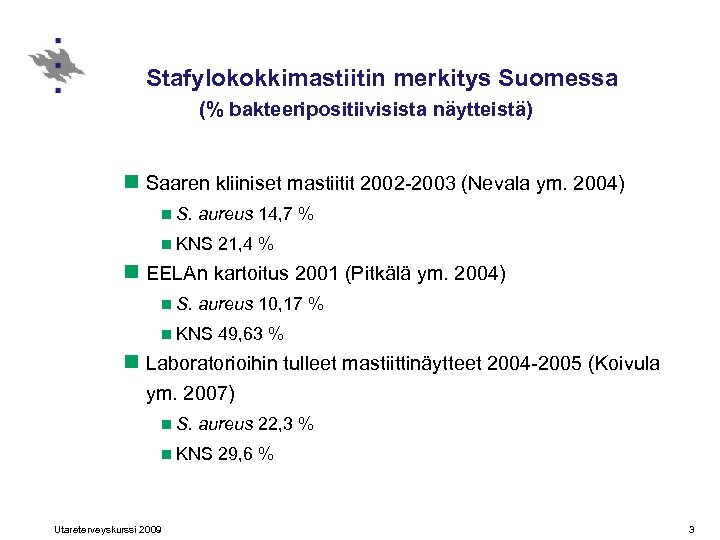 Stafylokokkimastiitin merkitys Suomessa (% bakteeripositiivisista näytteistä) n Saaren kliiniset mastiitit 2002 -2003 (Nevala ym.