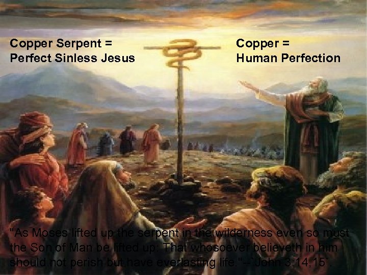 Copper Serpent = Perfect Sinless Jesus Copper = Human Perfection "As Moses lifted up