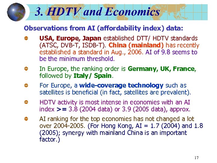 3. HDTV and Economics Observations from AI (affordability index) data: USA, Europe, Japan established